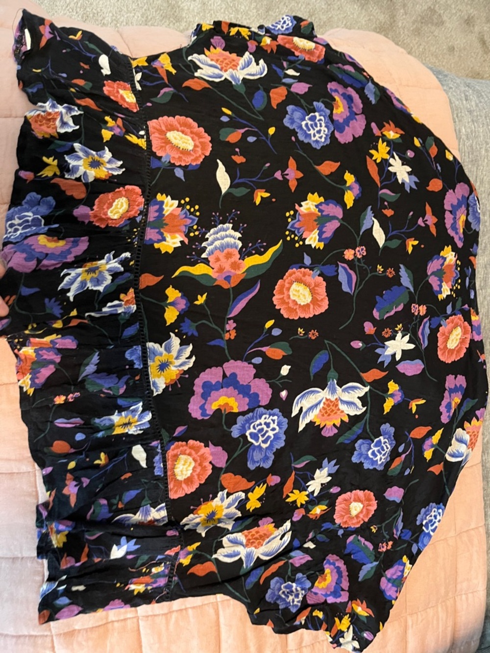 Anthropologie Black Floral Blouse with Purple, Blue, Yellow and Orange Flowers - Picture 7 of 8